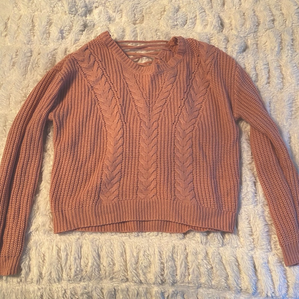 Pink lace up back sweater